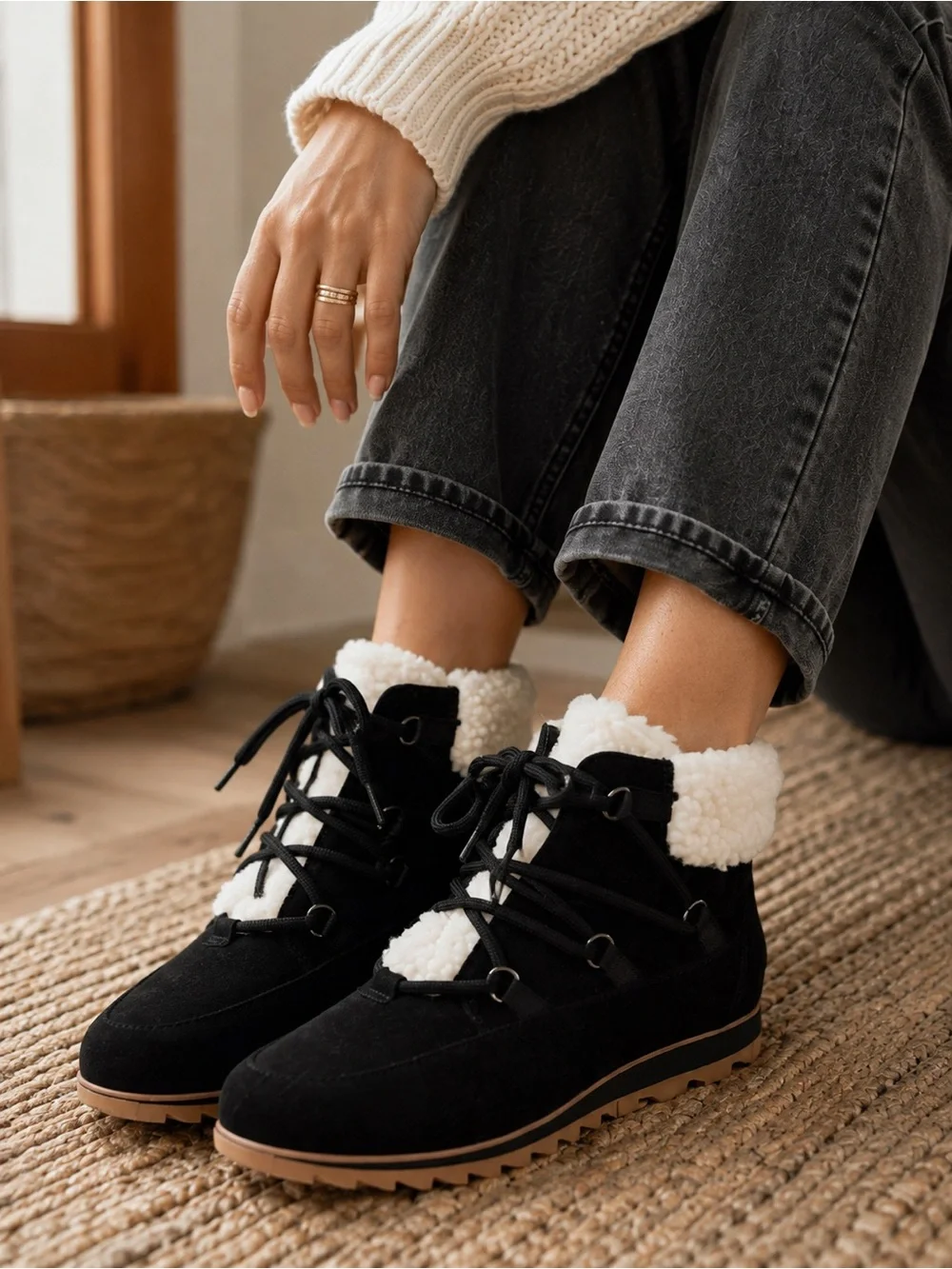 SOREL Harlow Lace Cozy Black Suede Faux Fur Ankle Boots Women’s Size 9
